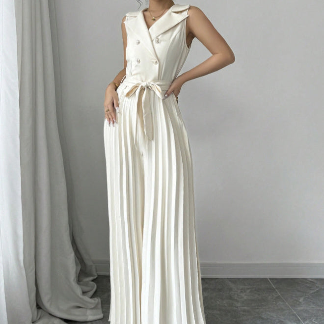 Ladies' V-neck Double Breasted Pleated Wide Leg Belt, Waist Belt, Height Enhancing Vest, Jumpsuit