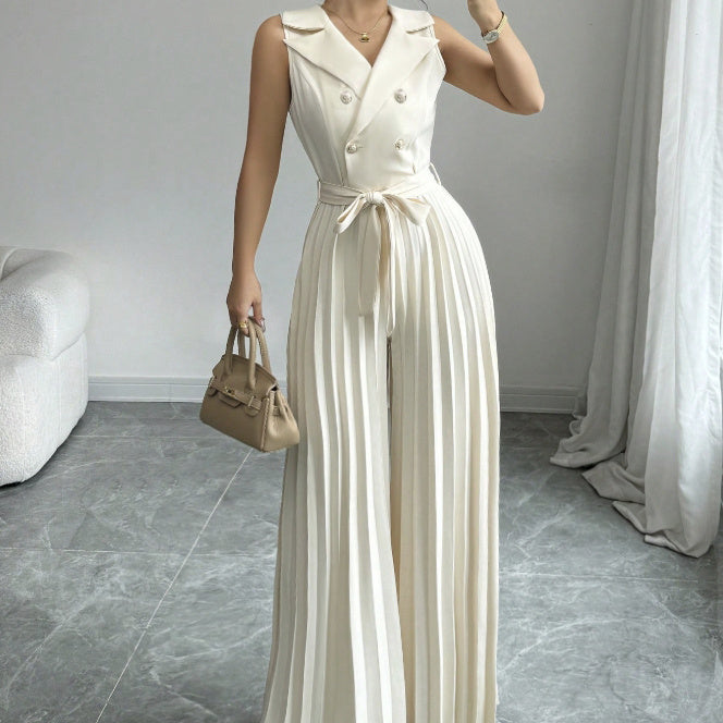 Ladies' V-neck Double Breasted Pleated Wide Leg Belt, Waist Belt, Height Enhancing Vest, Jumpsuit